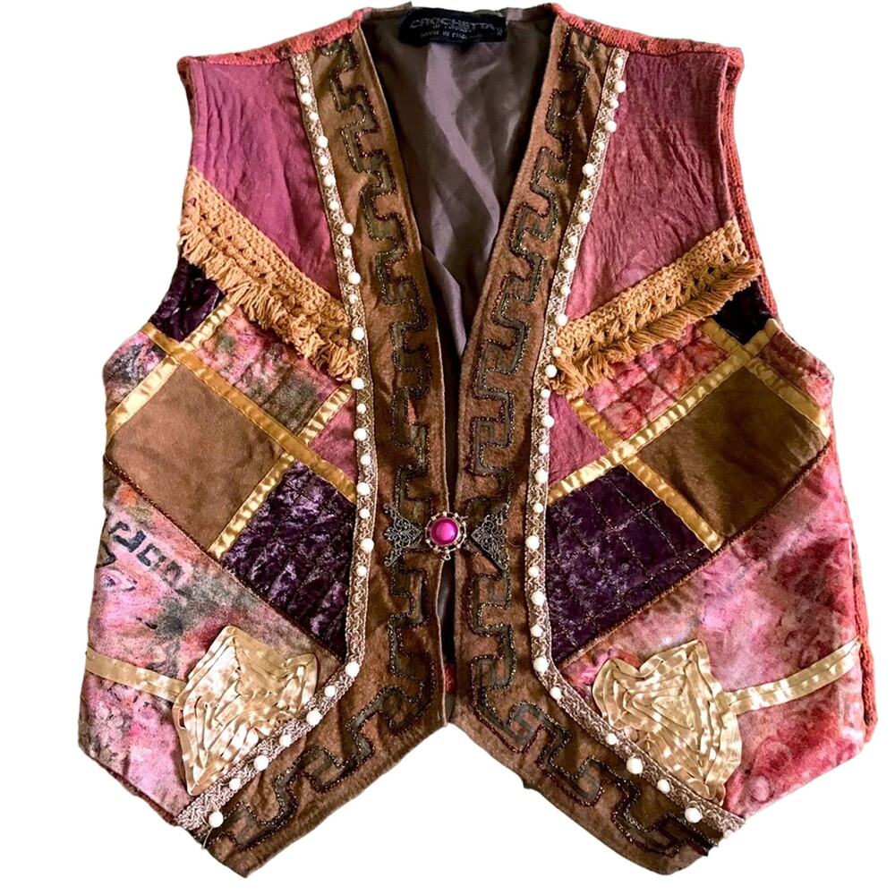 Unique festival vintage boho wool leather sweater vest by Crochetta of London M